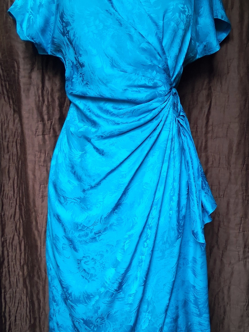 100% Silk Jaquard Floral Ruched Midi Dress in Blue Size 6
